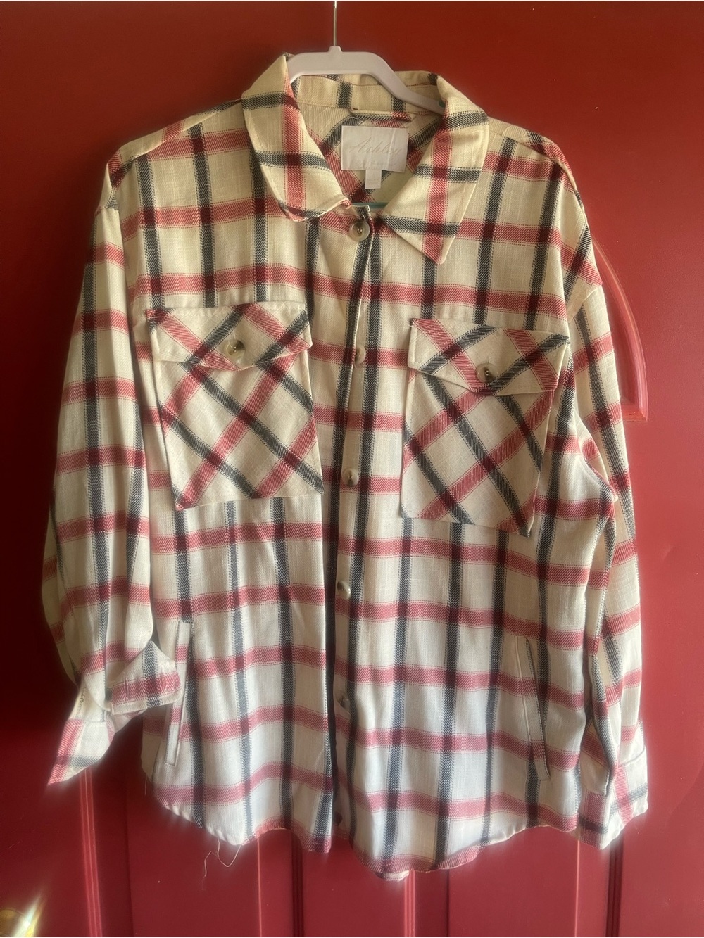 Ashley By 26 International Ivory Plaid Shirt with Red and Black Stripes